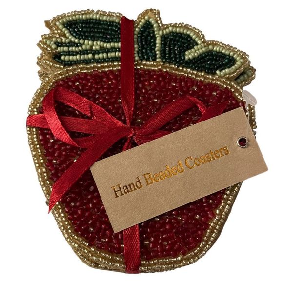 🆕 on cloud 9: Hand Beaded Strawberry Shaped Coaster Set - Picture 1 of 8